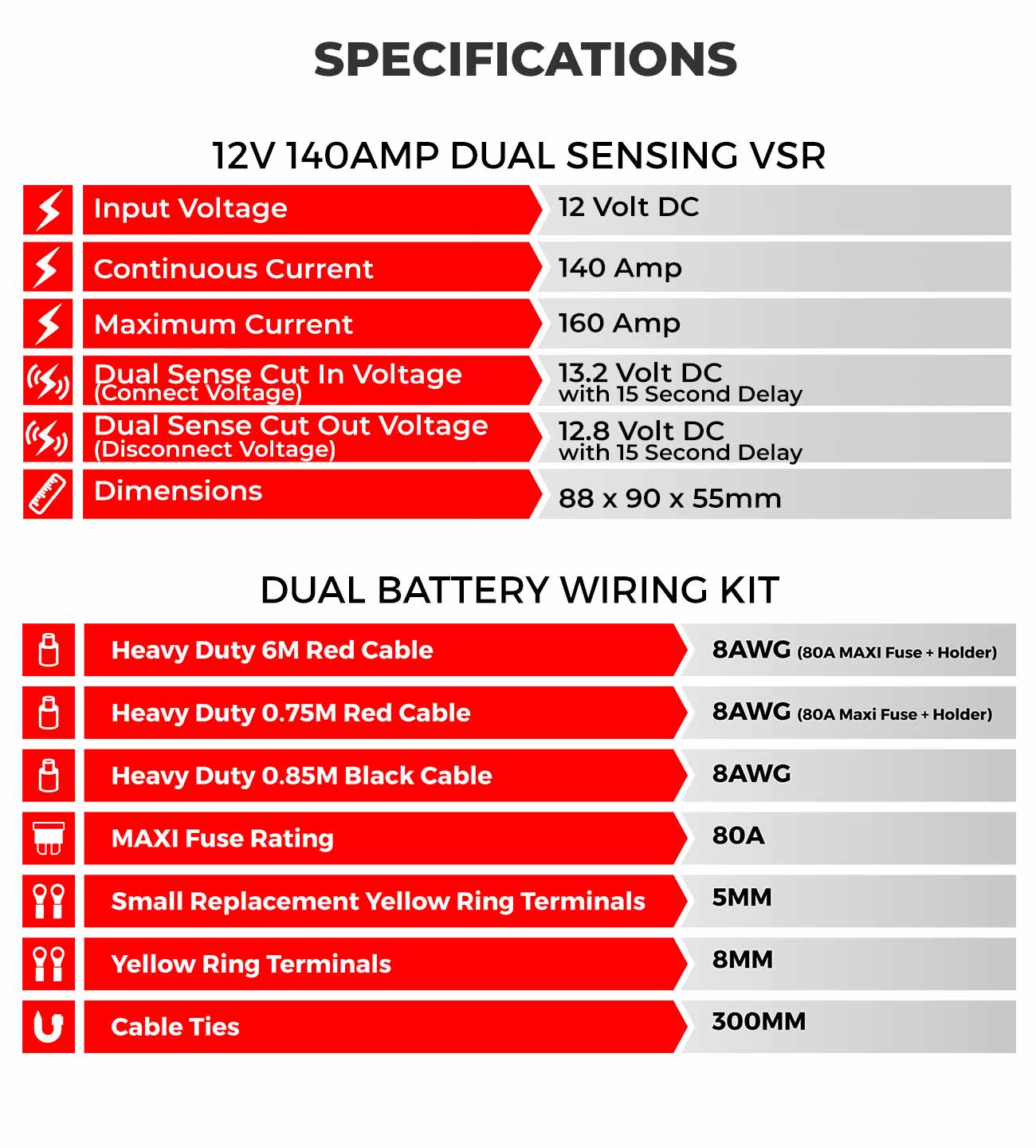 KADBWK8MM-VSROVER - KICKASS Dual Battery Wiring Kit with 12V 140Amp Dual Sensing VSR
