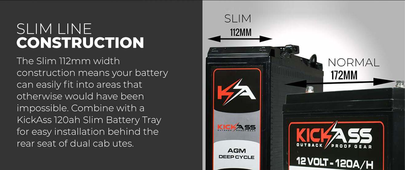 KICKASS 12V 120AH Slimline AGM Battery with Tray, Panel & Wiring Kit