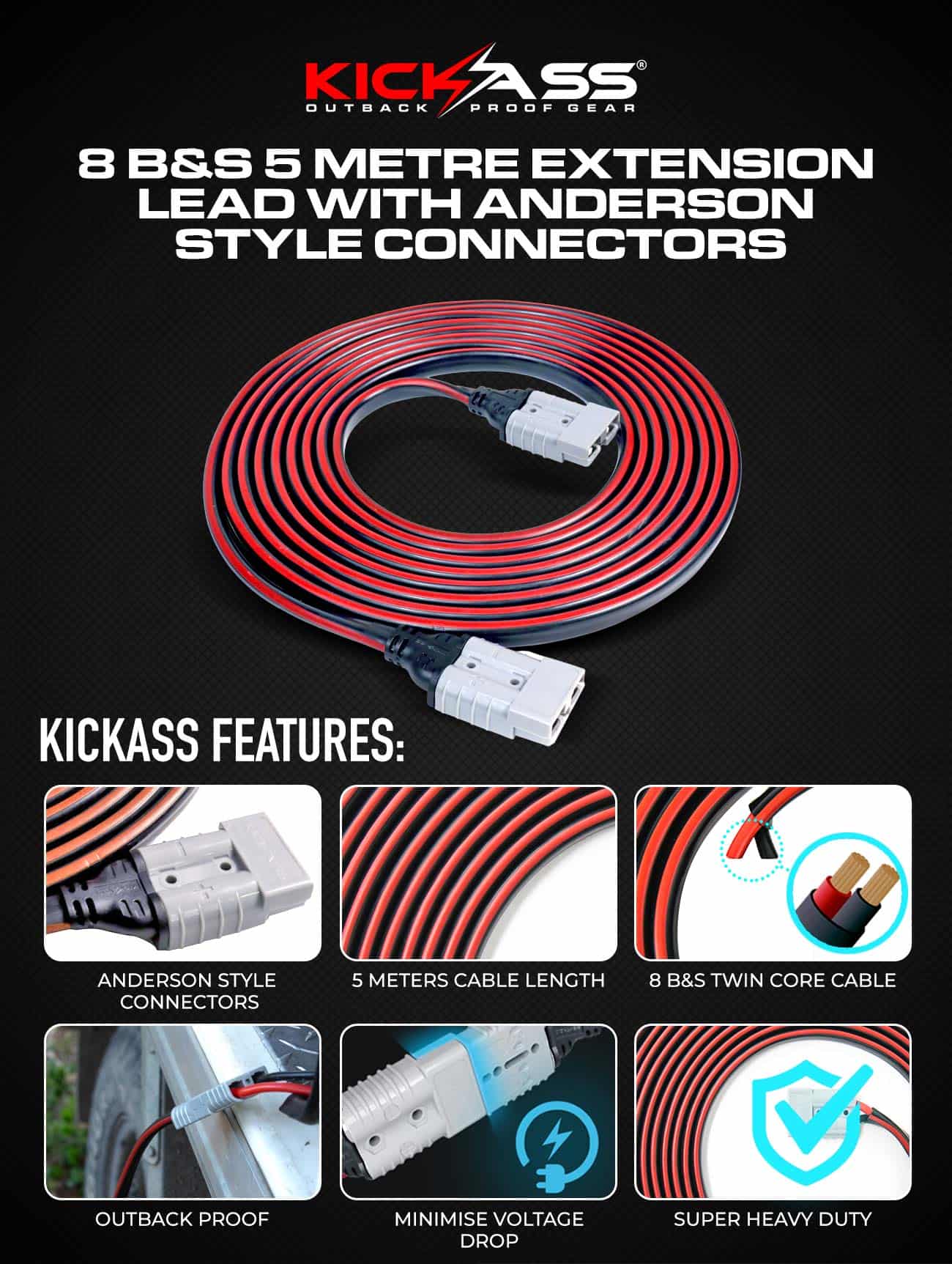 KA8M5-A2A - KICKASS 8 B&S 5 Metre Extension Lead With Anderson Style Connectors