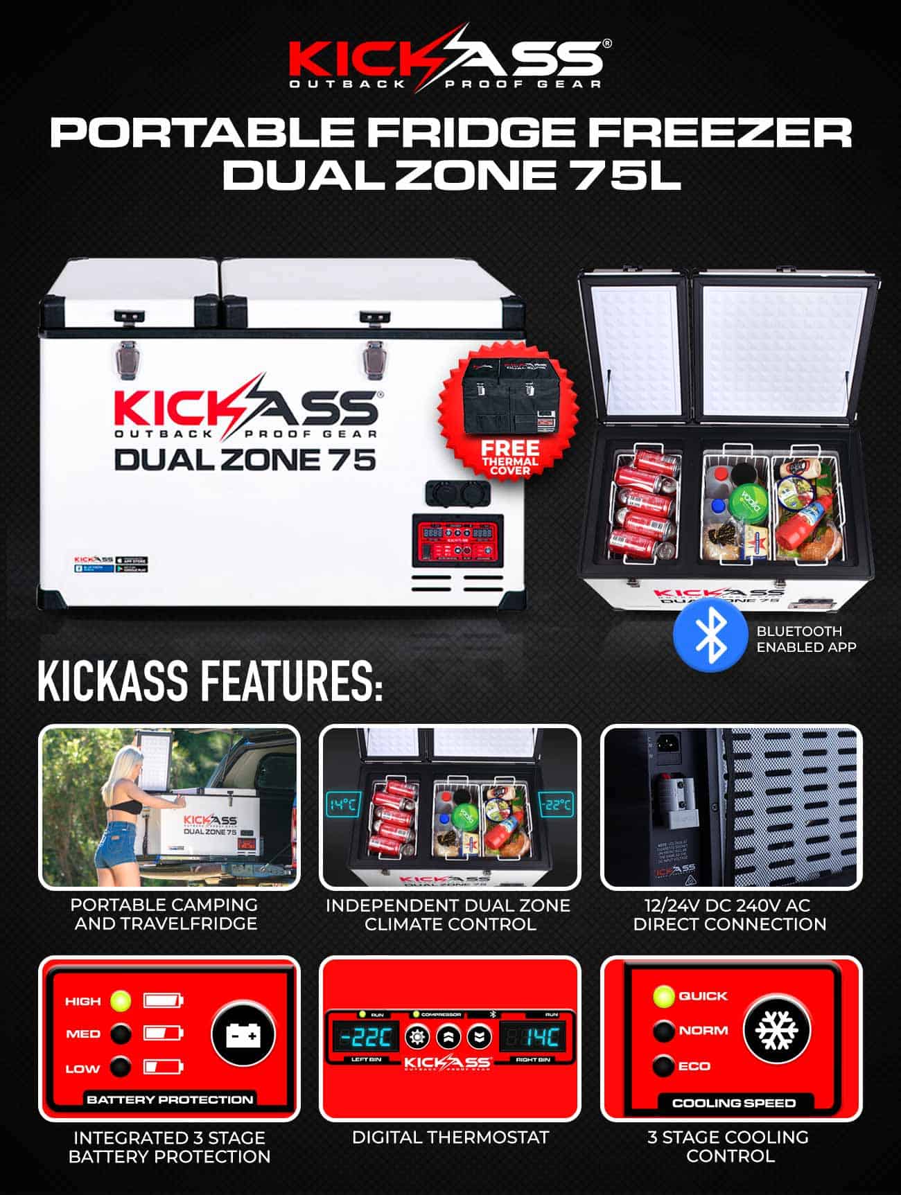 KICKASS Portable Fridge Freezer Dual Zone 75L