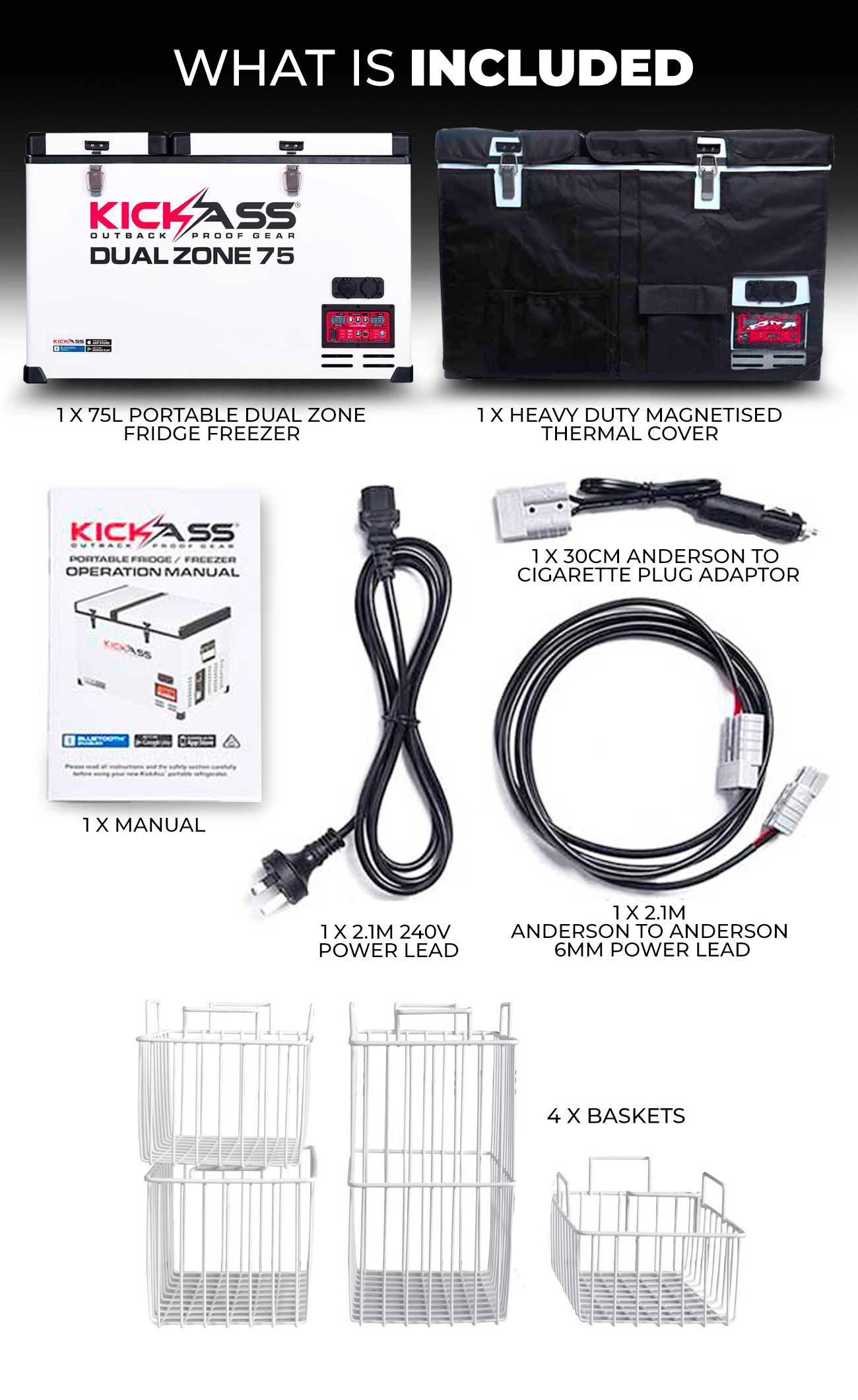 KICKASS Portable Fridge Freezer Dual Zone 75L - What's included
