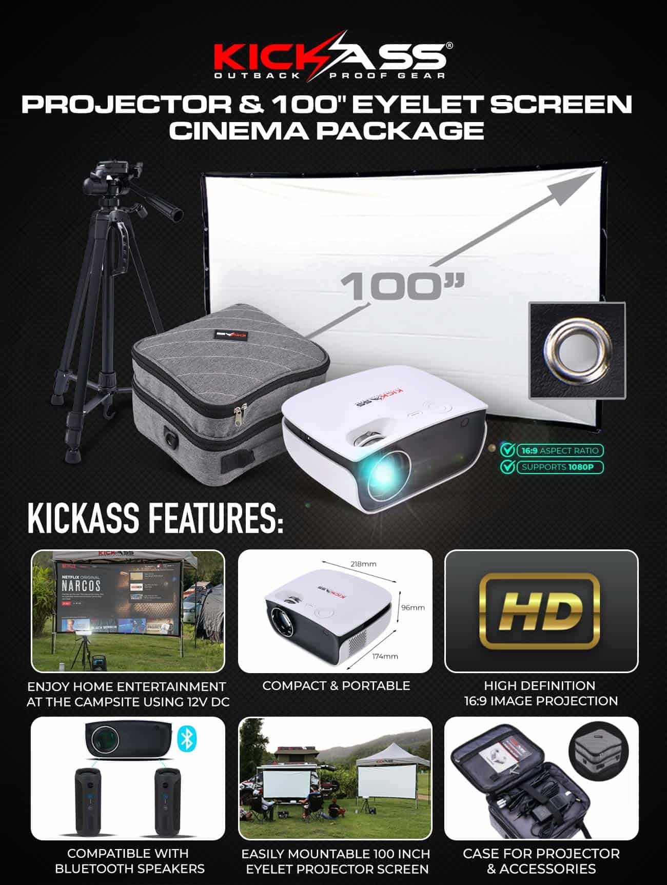 Projector & 100 Eyelet Screen Cinema Package 