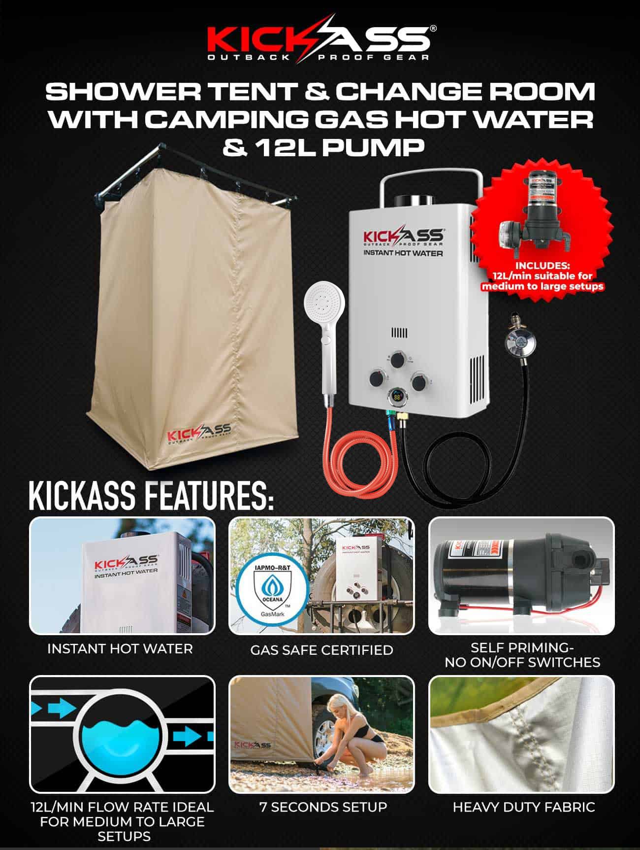 KASTENT-AWNGHW12L KICKASS Shower Tent & Change Room with Camping Gas Hot Water & 12L Pump