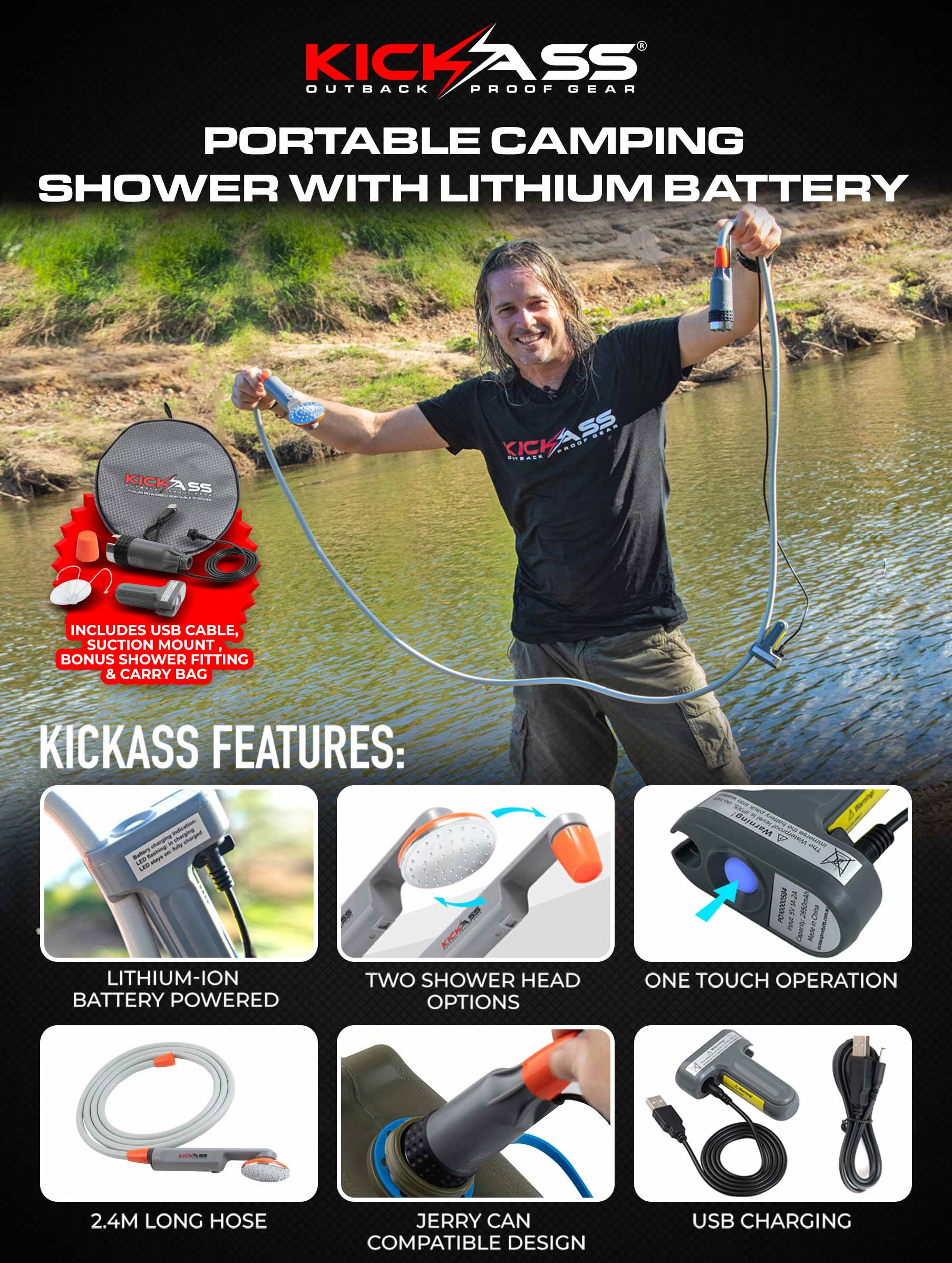 KICKASS Portable Camping Shower with Lithium Battery 