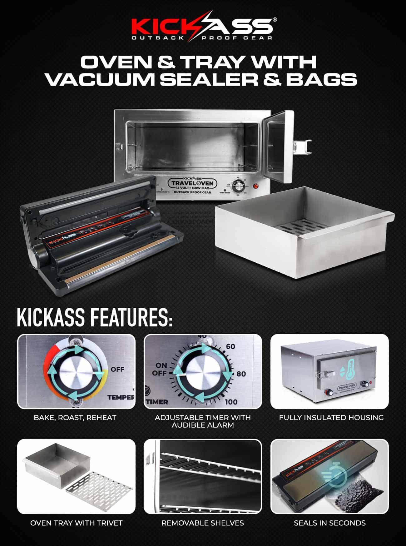 KATRAVELOVACKIT - KickAss Travel Oven & Tray with Vacuum Sealer & Bags 