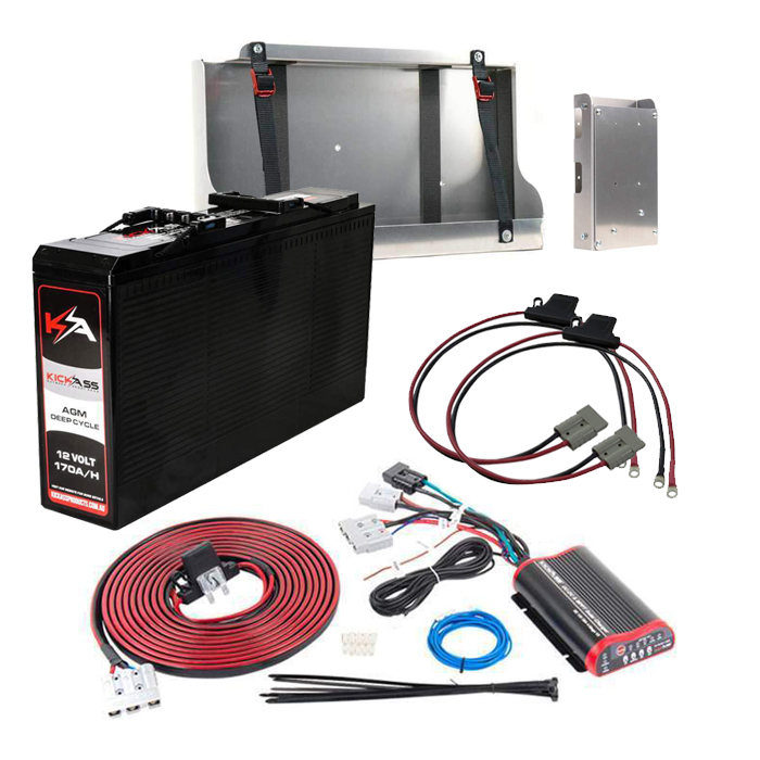 KickAss 12V 170AH AGM Battery with 25A DC-DC Charger, Tray, Accessory Panel & Wiring Kit