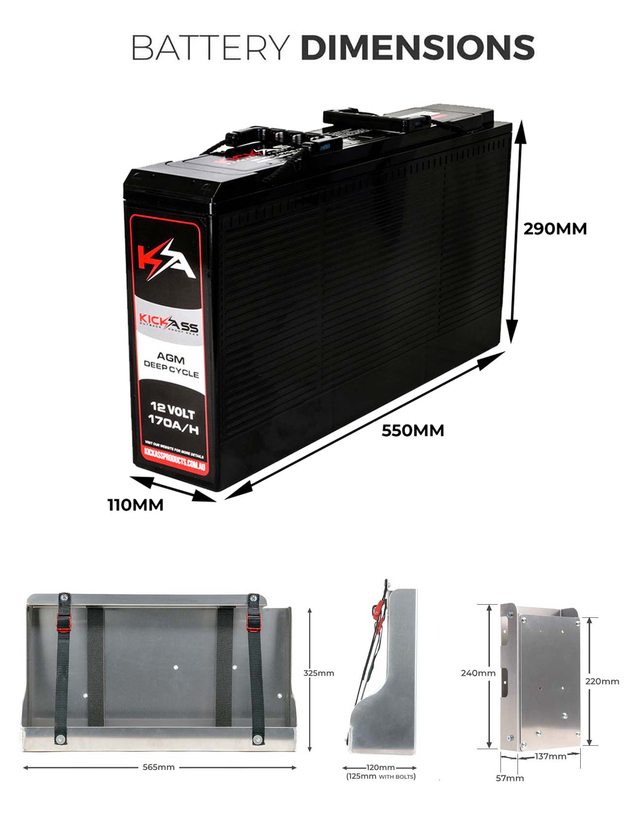 KICKASS 12V 170AH AGM Battery with 170AH Slim Battery Tray, Accessory Panel & Wiring Kit