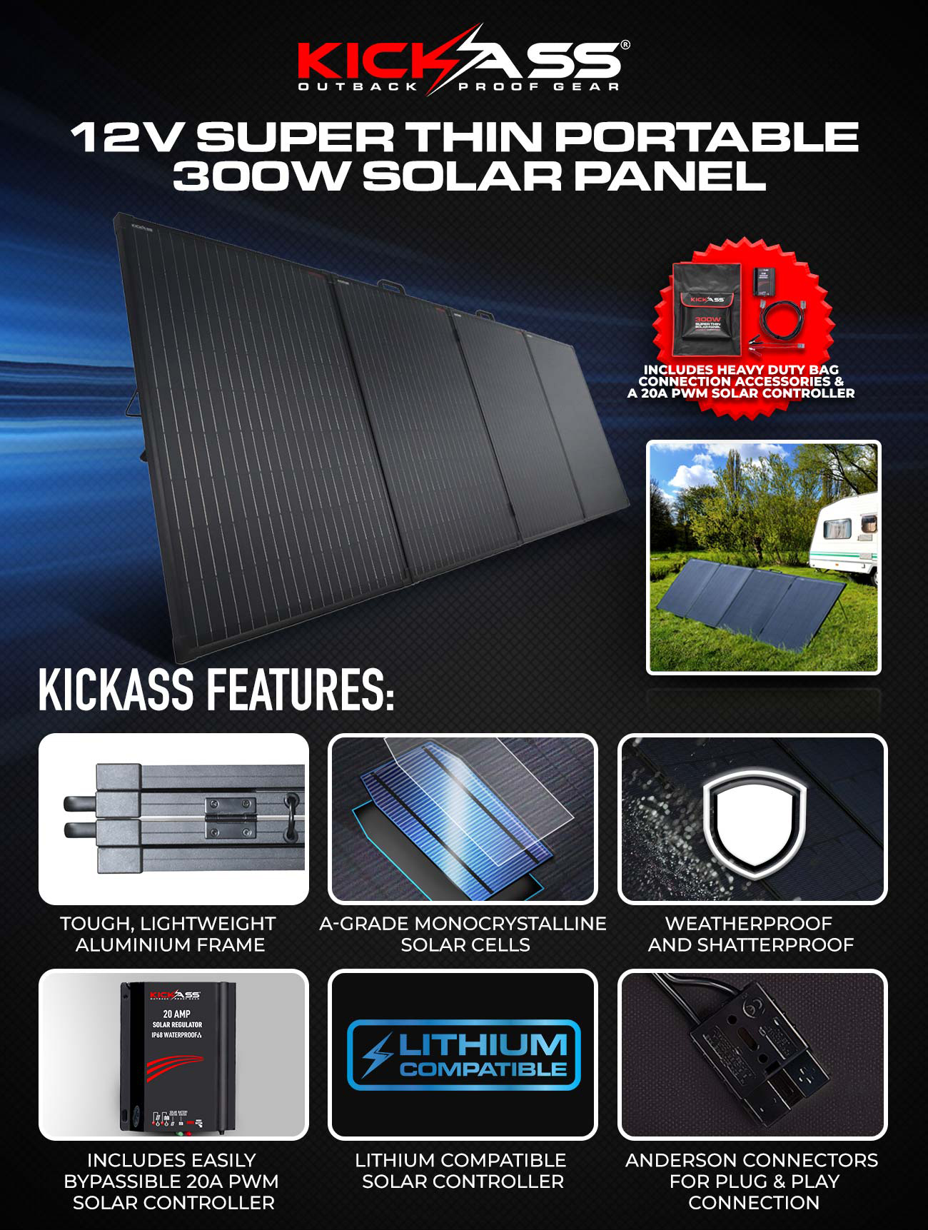KICKASS 12V 300W Super Thin Portable Solar Panel