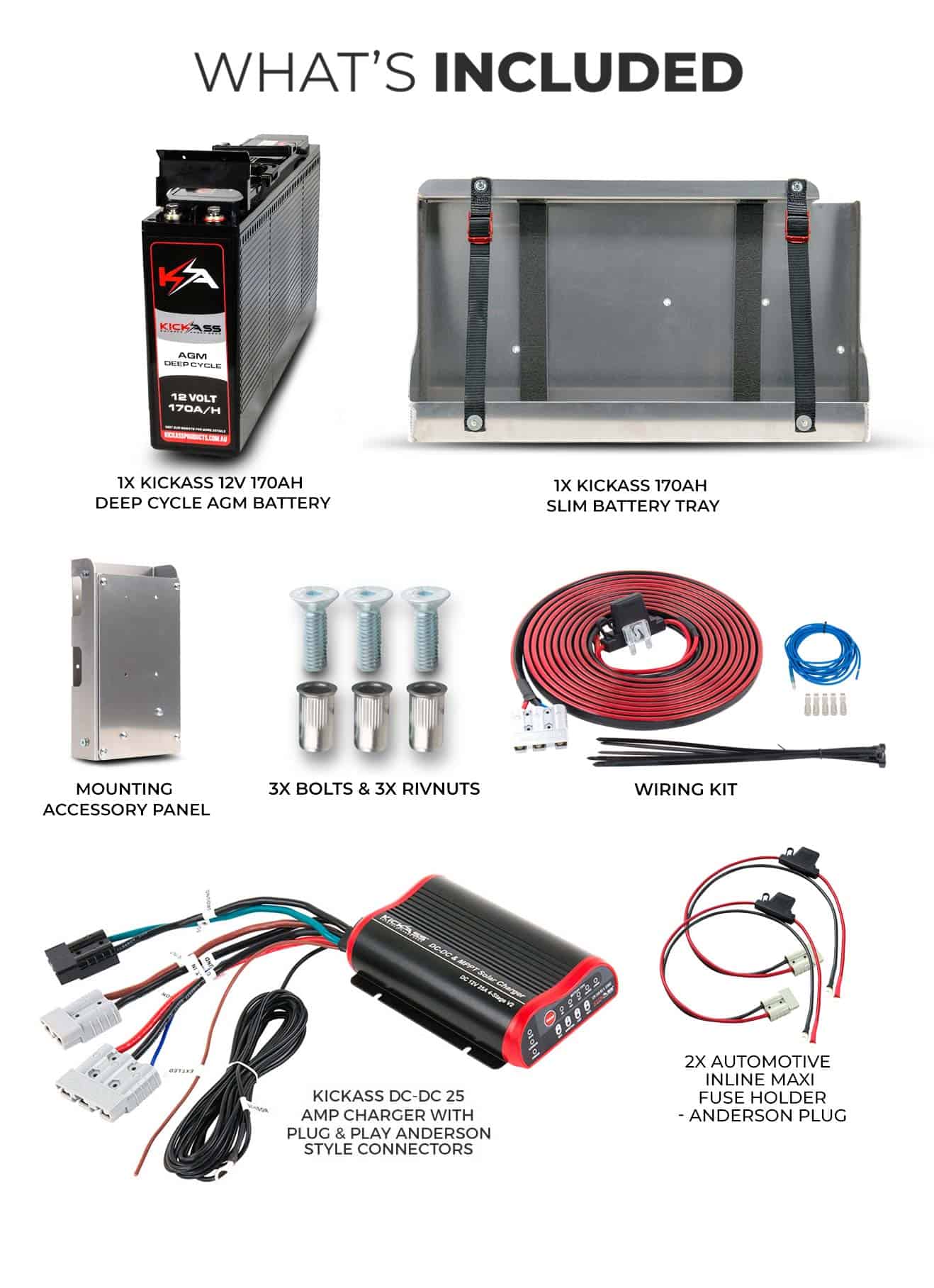 KATRAYMT170DCDC - KICKASS 12V 170AH AGM Battery with 25A DC-DC Charger, Tray, Accessory Panel & Wiring Kit
